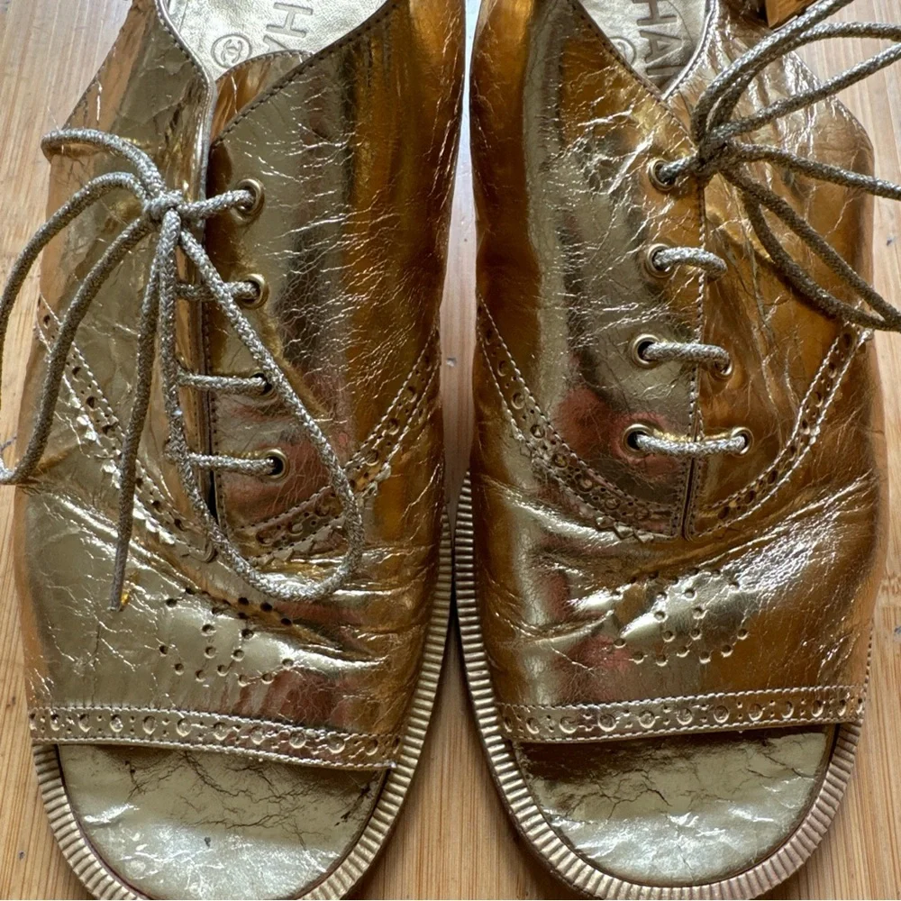CHANEL Metallic Gold Leather Open-Toe Lace-Up Flats